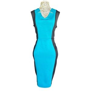 Pinup Retro Stretch Bodycon Turquoise Black Midi Dress Size Large Office Siren